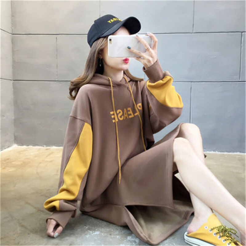 恒源祥工厂2021秋冬新款加绒套头连帽卫衣女宽松200斤中长款连衣女士