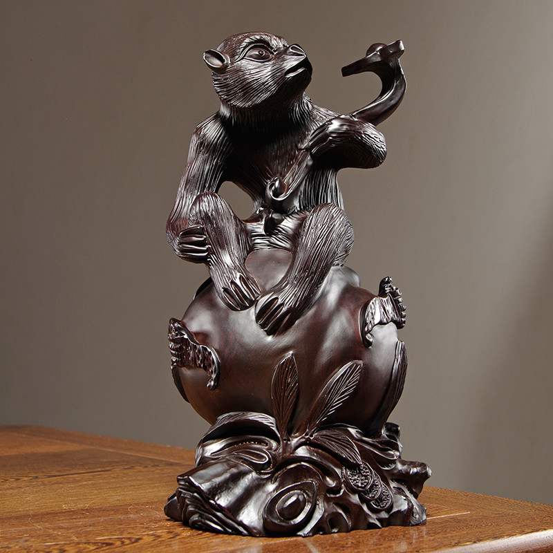 猴子摆件如意生肖猴客厅装饰品酒柜摆件实木雕刻工艺品生日礼物 精雕