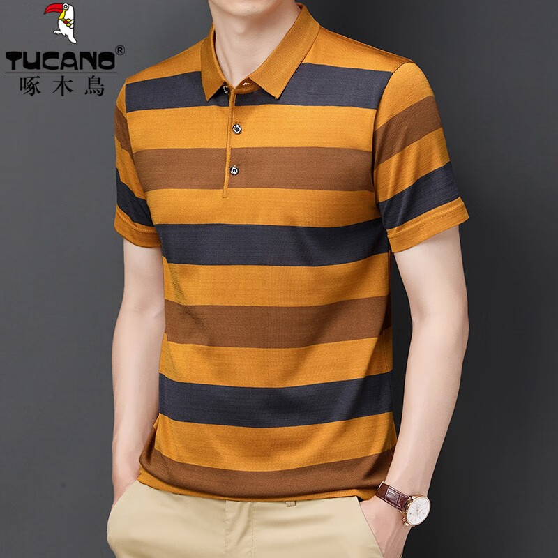 啄木鸟（TUCANO）针织短袖t恤男条纹Polo领体恤衫夏季中青年宽松薄款爸爸装男上衣 819黄色 190/4XL推荐180-200斤穿
