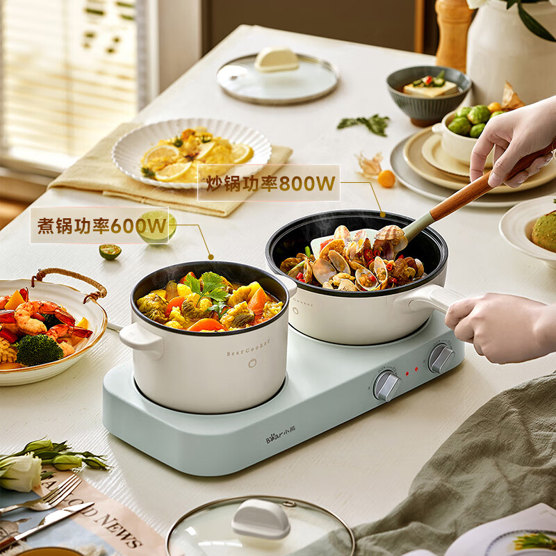 小熊（Bear）双灶电煮锅 电炒锅 多功能电火锅 分体式煎炒焖煮料理锅 宿舍用小煮锅 电热锅 DRG-E12J1配蒸笼