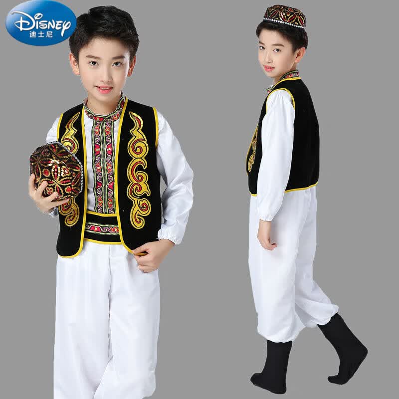迪士尼（Disney）儿童新疆舞蹈演出服少儿印度表演服男童维吾尔族少数民族服装男孩 白色新疆男 130cm高性价比高么？