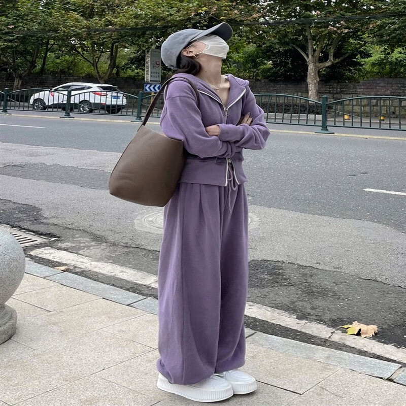 码阔腿裤运动裤女300斤春秋胖妹妹盐系紫色运动休闲套装 香芋紫套装 l