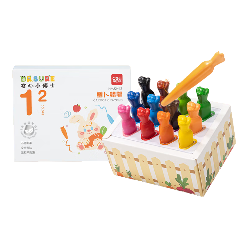 得力（deli）12色易抓握不臟手食品級蠟筆三角桿蘿卜安心(盒)幼兒寶寶涂鴉禮物HM22-12學(xué)生開學(xué)禮物