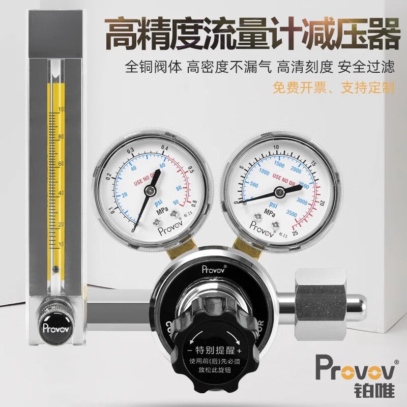 鉑唯YQBL-731L雙表氮氣減壓器帶流量計壓力實驗可調節(jié)標氣氫氣氧氣co2 雙表高精度2000ML/Min