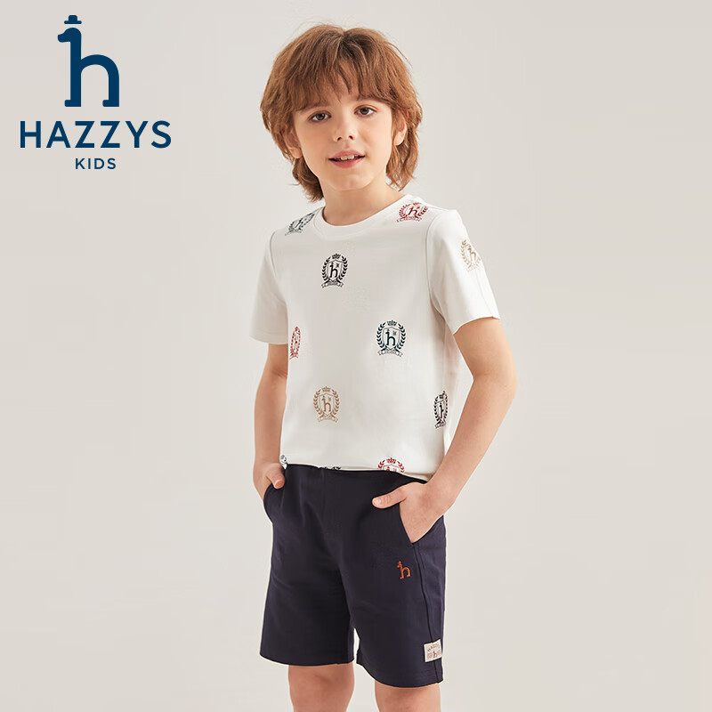 哈吉斯(HAZZYS)品牌童装男童T恤夏季新款轻薄宽松弹力简约休闲短袖圆领衫 本白 130