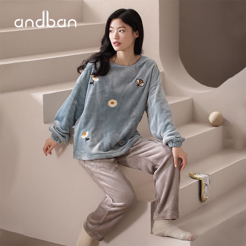 安之伴睡衣女秋冬法兰绒长袖套头圆领卡通多色保暖舒适可外穿家居服套装 冰兰(法兰绒锁温又柔软) L