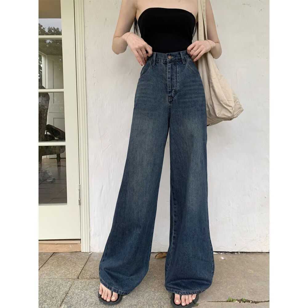 绅栩广州新塘牛仔裤女新款高腰港风复直筒春夏高腰百搭遮肉小众拖地阔