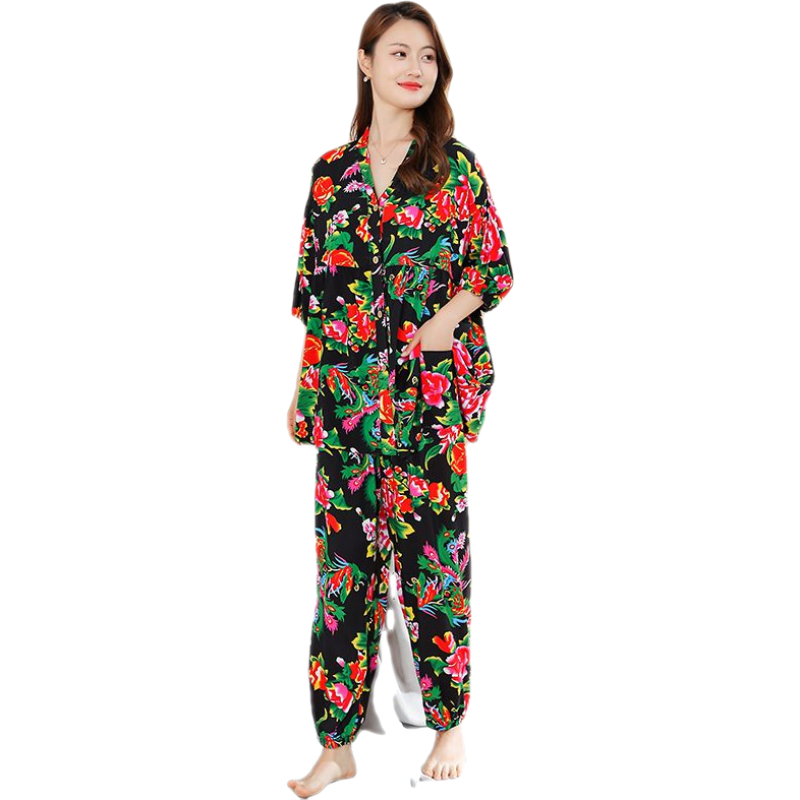 玄琰夏季大碼棉綢睡衣女七分袖寬松媽媽中老年人家居服民族風(fēng)套裝外穿 288套裝【東北大花黑色】 4XL【建議150-180斤左右】