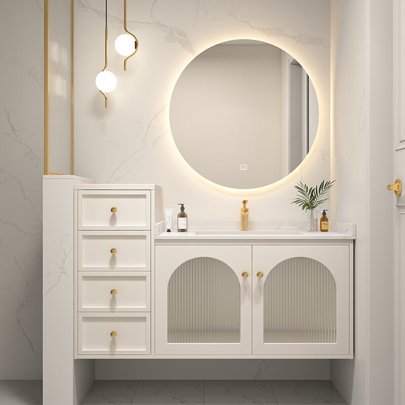 枫茗法式奶油风浴室柜橡木洗漱台半墙隔断洗手盆柜组合美式轻奢卫浴柜