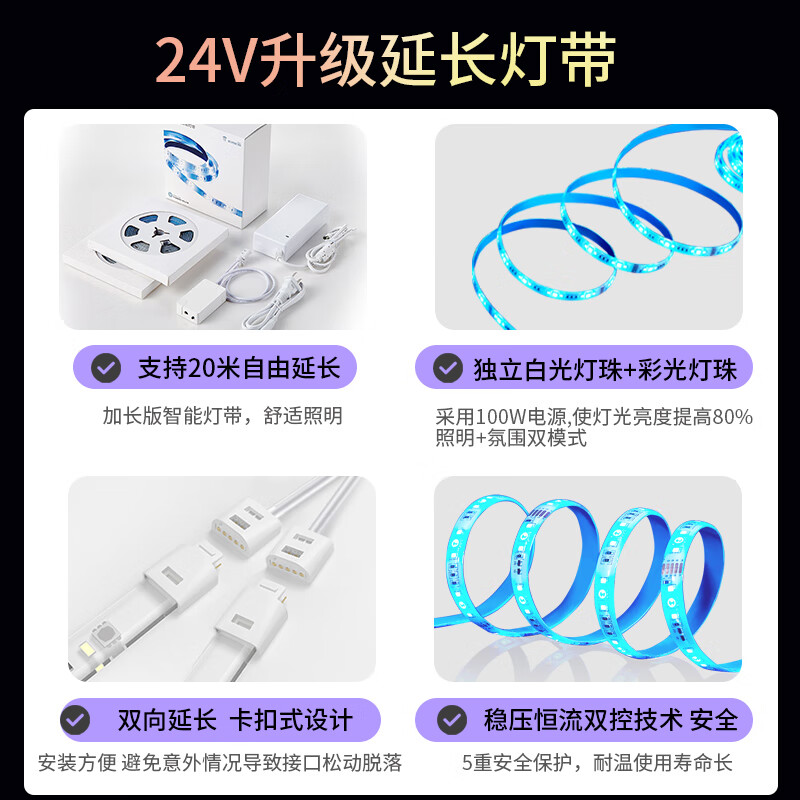 水母云(JELLYFISH TUR)鸿蒙智联小艺声控LED智能灯带客厅吊顶RGB氛围灯白光色温无极调光 5米延长包【不含电源和控制器,灯带电压24V】 支持HUAWEI HiLink,智能版,灯带电压24V