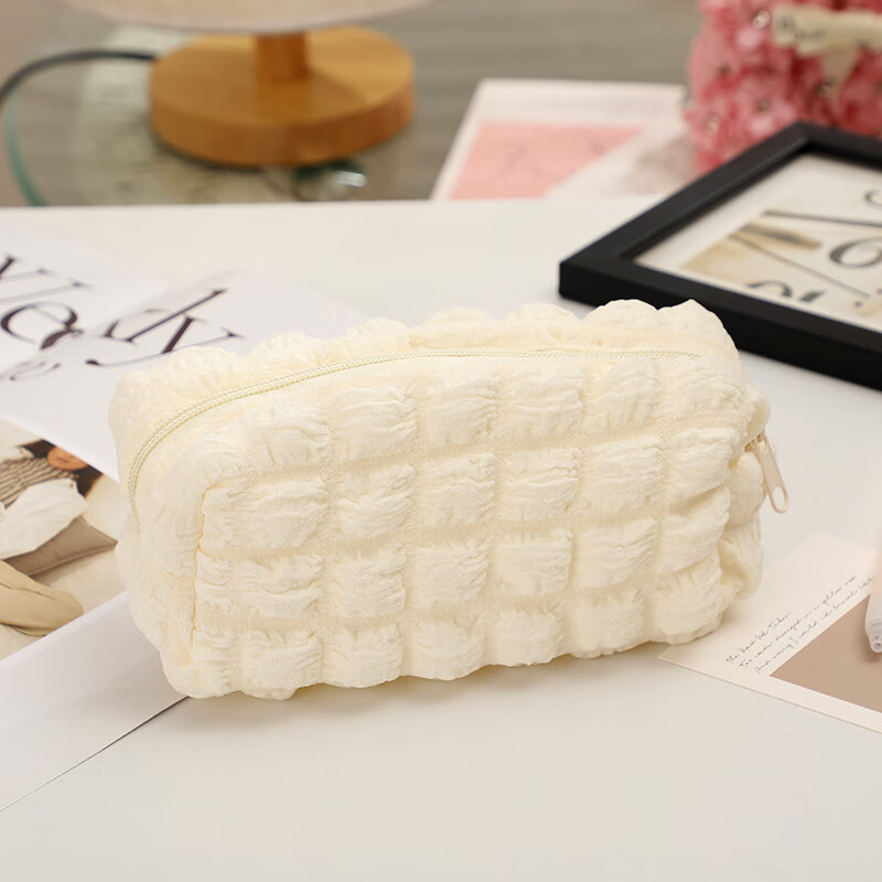 泡芙笔袋奶油泡泡芙笔袋纯色小众简约软fufu女生ins收纳化妆包 米色