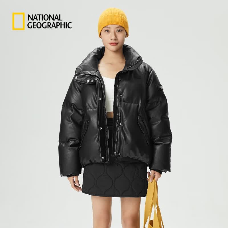国家地理（National Geographic）鹅绒羽绒服女士冬季加厚保暖时尚潮流高领短款外套面包服 碳黑色CARBON BLACK 160/84A