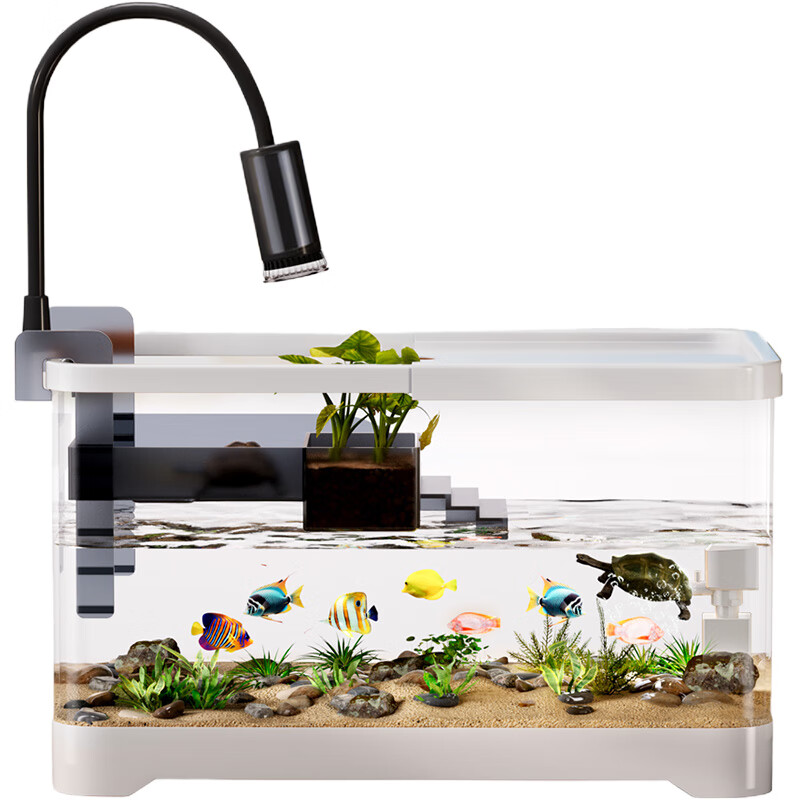 宠小岛鱼缸乌龟饲养缸鱼龟混养生态一体缸带晒台过滤制氧生态造景养龟箱 40中号白色【豪华过滤套餐】