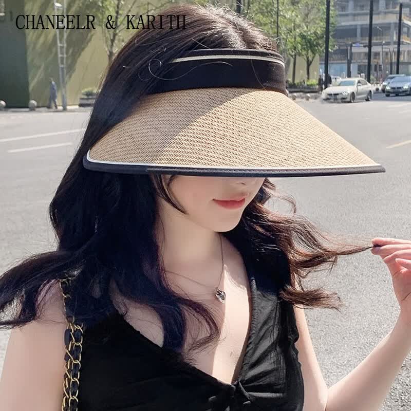CHANEELR & KARITH防晒帽遮阳帽女新款大帽檐空顶户外骑车防紫外线遮脸草帽太阳帽子 米色 55-60CM(头围)