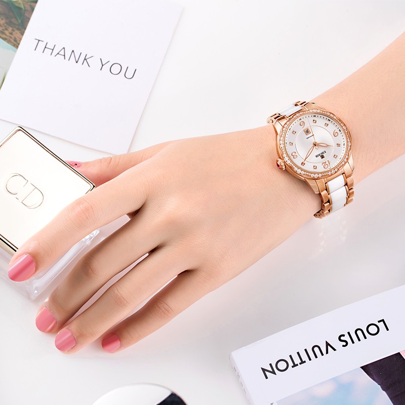 依波（EBOHR）蝶恋花系列女士石英表轻奢优雅生日礼物镶锆钻防水手表送七夕礼物 陶瓷钢带【皮带礼盒】56270129