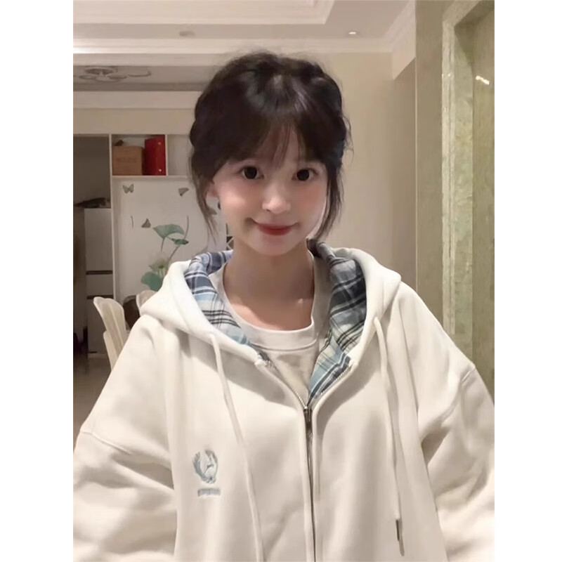 LDBE美式格子連帽開衫衛(wèi)衣女新款寬松小個(gè)子加絨加厚秋冬季拉鏈外套潮 白色【春秋薄款】 M