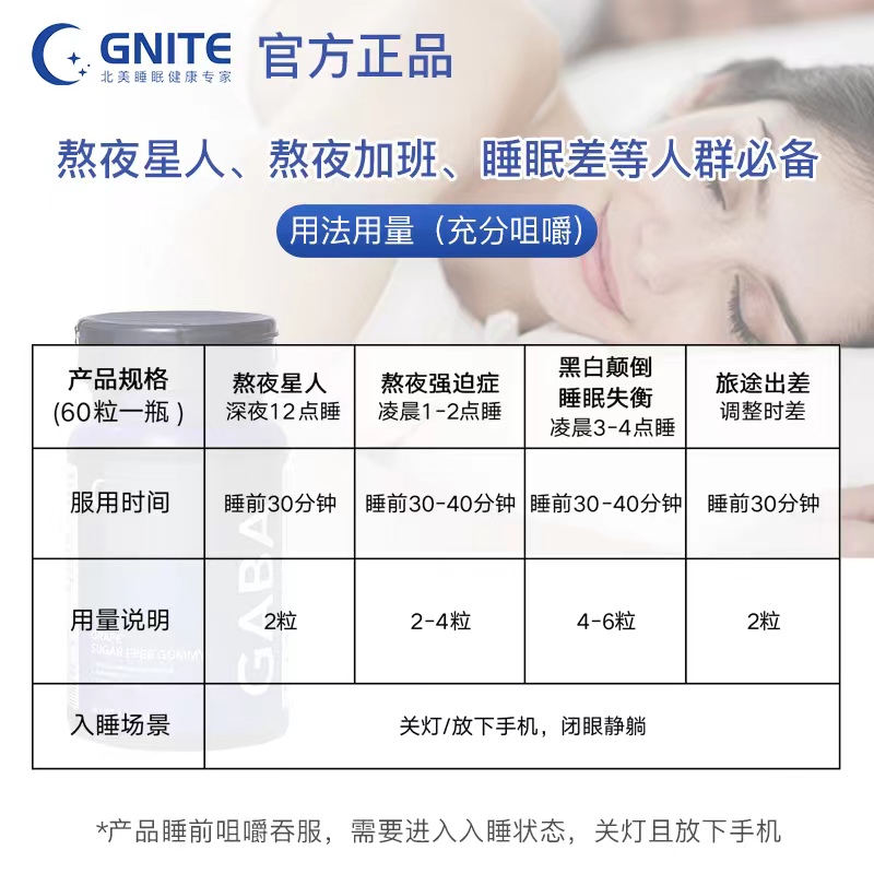 GNITE美国原装进口晚安GABA睡眠软糖氨基丁酸非褪黑素软糖成人失眠倒时差睡不着60粒/瓶 葡萄味睡眠糖60粒（买4瓶更划算）