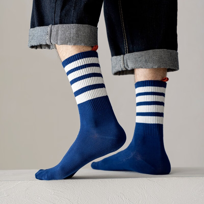 男条纹字母拼色时尚潮流尾标男袜秋冬休闲男士袜 四杠蓝色字母3双装