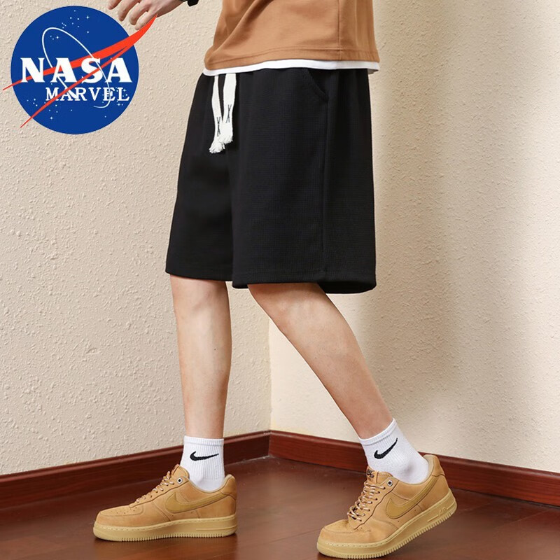 NASA MARVEL官方联名短裤男夏季运动速干华夫格五分裤潮流韩版宽松沙滩裤子男 黑色 XL