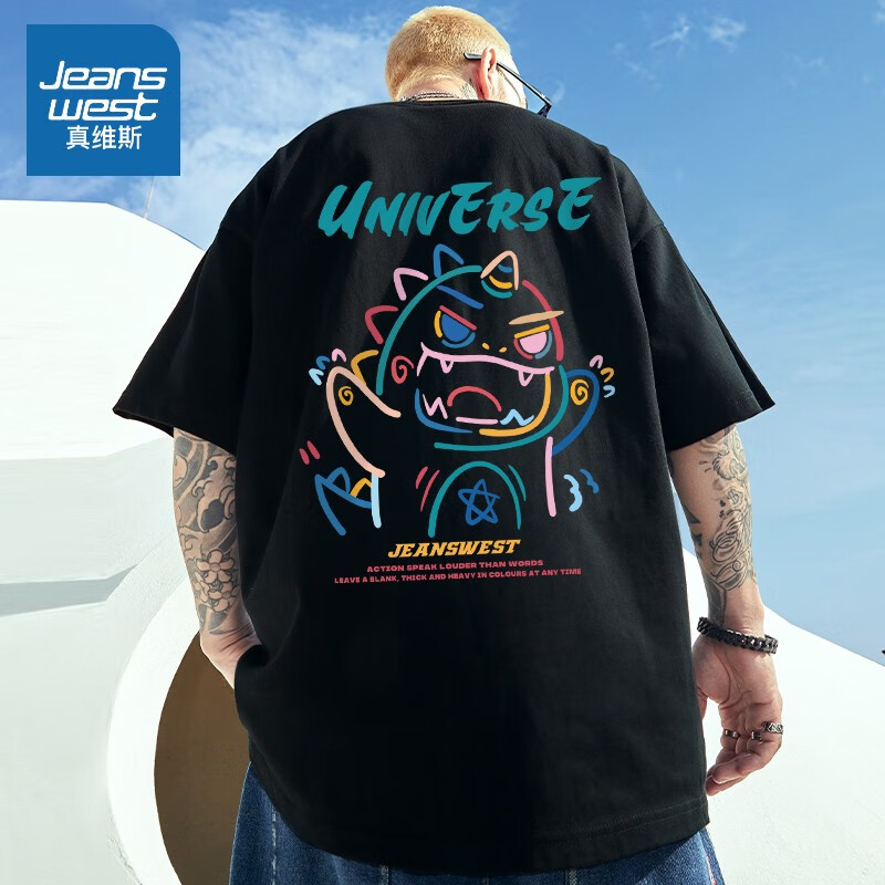 size宽松大码半袖情侣装夏季男士纯棉t恤 黑色(z怪兽乌拉胸标_大背标)