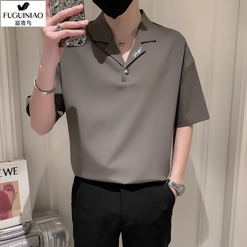 富贵鸟(fuguiniao)痞帅七分袖t恤男士夏季冰丝t恤男装新款衣服高级感v