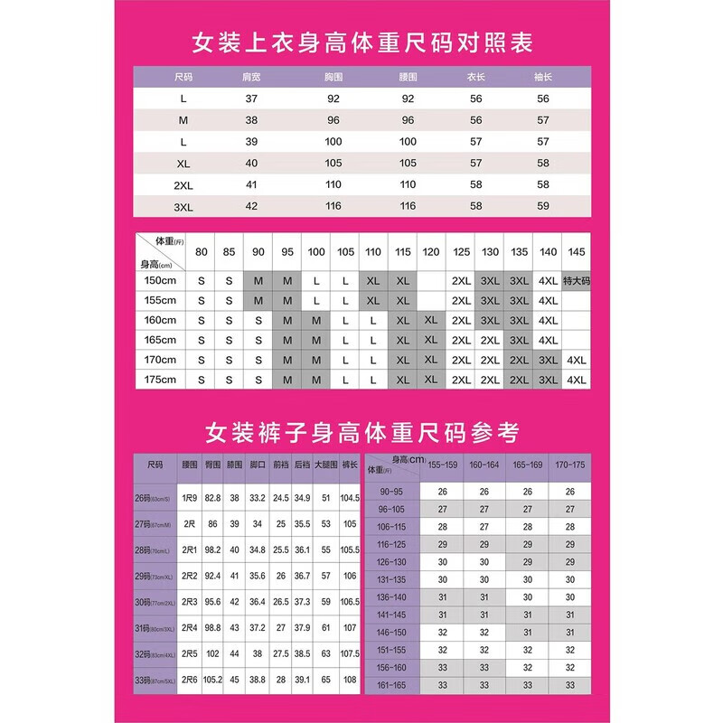 新思力男生裤子尺码对照表鞋品尺码对照表服装尺码对照表海报女装上衣