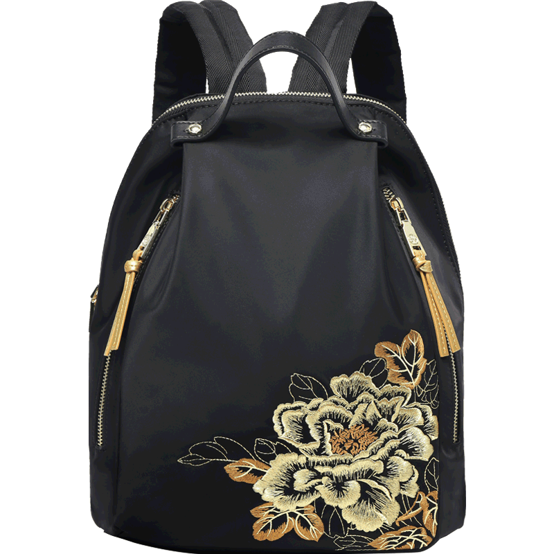 PmSix新中式牡丹绣花女包大容量双肩包中年妈妈包老年背包婆婆旅行布包 黑色-牡丹花刺绣-送礼品袋