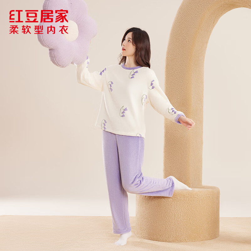 红豆居家睡衣女士法兰绒甜美套头睡衣女款柔软保暖圆领家居服24年冬季新品 风铃紫728 S 160/84A