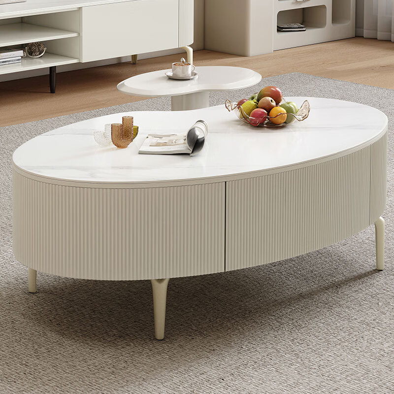 梵思吉奶油风白色简约茶几电视柜组合现代小户型客厅创意椭圆玻璃茶几桌 电视柜+茶几+边几