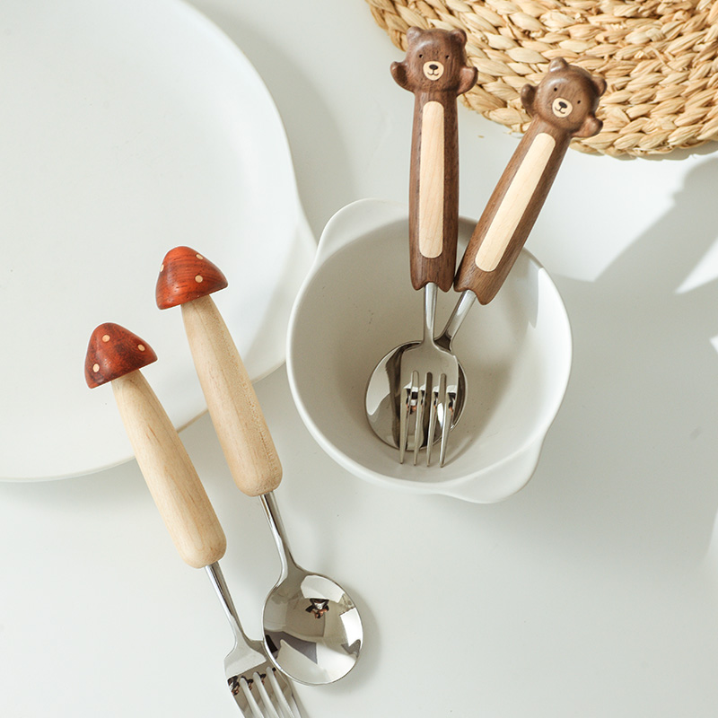 木上 304不锈钢叉勺卡通小熊儿童餐具家用蘑菇甜品勺叉木柄咖啡勺 小熊勺