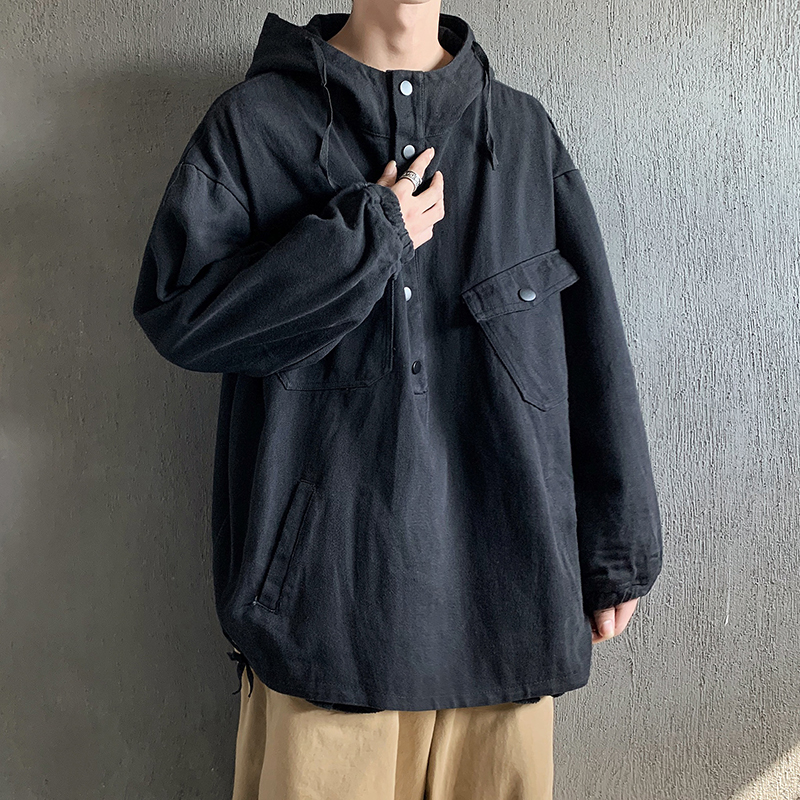港风休闲连帽外套男春秋ins潮牌宽松套头卫衣服学生嘻哈工装夹克 黑色