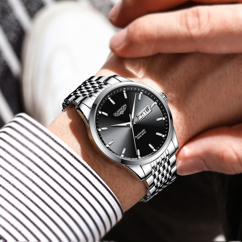 冠琴(GUANQIN)名表十大品牌手表男士商务全自动机械表男表夜光防水双日历男士表 进口西鉄城机芯16215精钢黑面