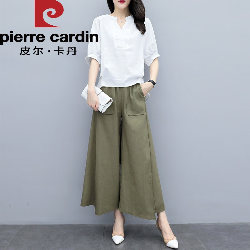 皮爾卡丹棉麻闊腿褲套裝女神范夏裝2024新款女裝休閑亞麻裙褲兩件I套針織 白色 M(建議95-105斤 高品質(zhì))