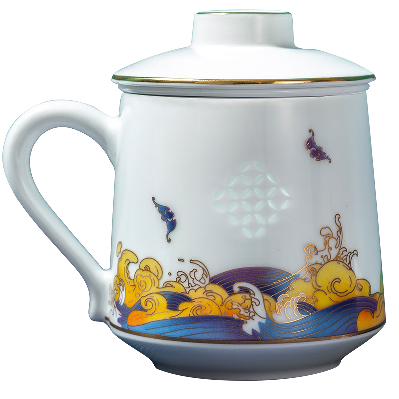 景德镇陶瓷茶杯分离泡茶大容量过滤办公杯带盖水杯潮流马克杯子茶杯 福玉绵绵