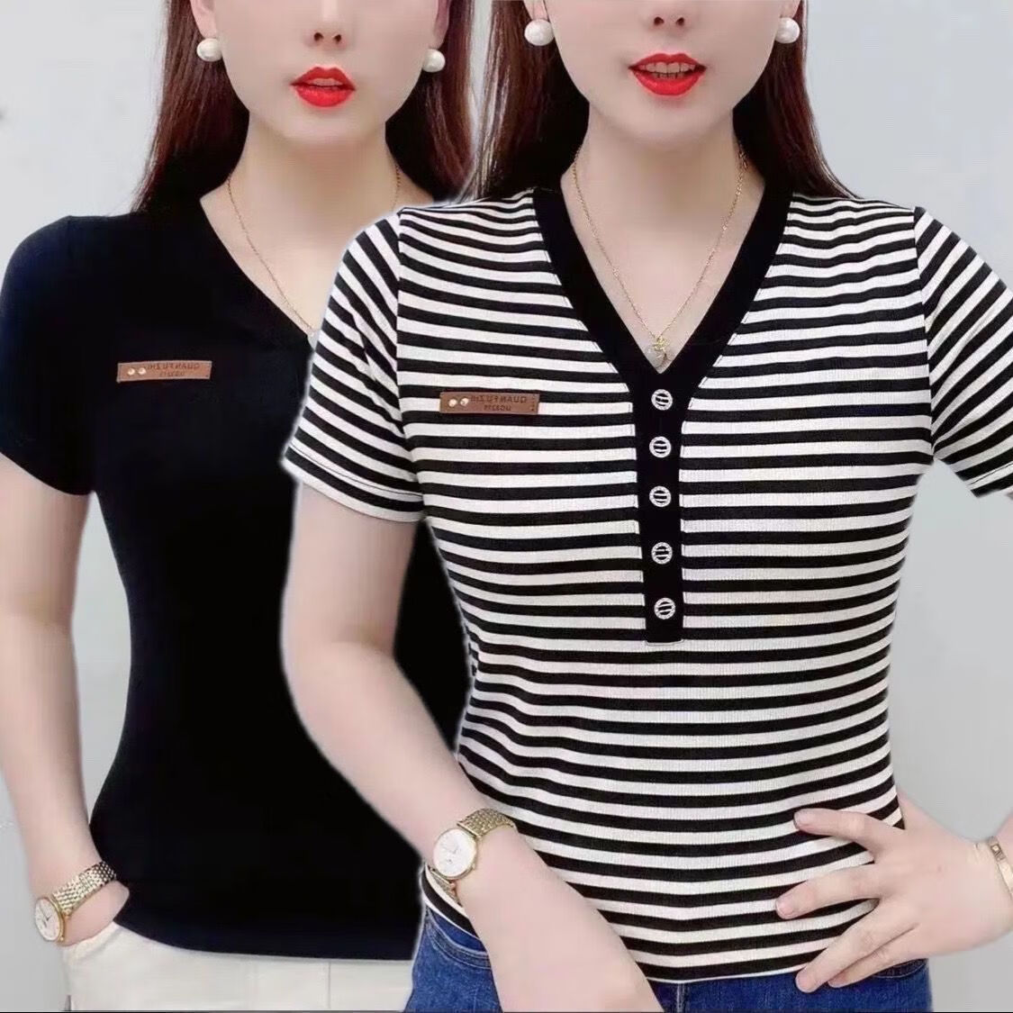 wait await三十岁女人时髦女短袖上衣高档2023新款夏天设计感小众v领