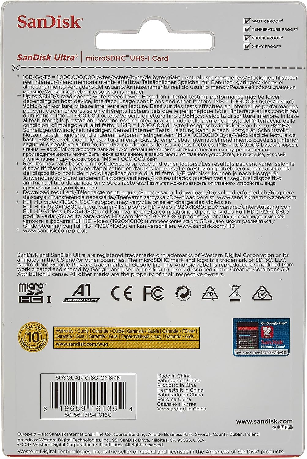 SanDisk 闪迪 闪迪 Ultra 16GB microSDHC 存储卡，高达98MB/s，Class 10，U1，A1