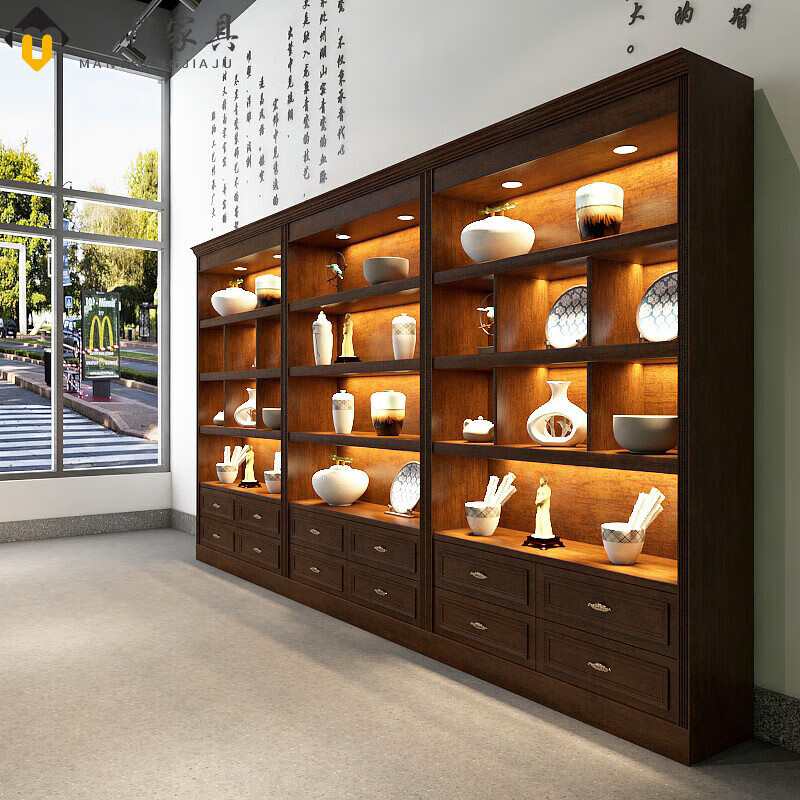舰行产品展示柜实木化妆品展柜美容产品柜复古烤漆陈列柜烟酒茶叶古玩