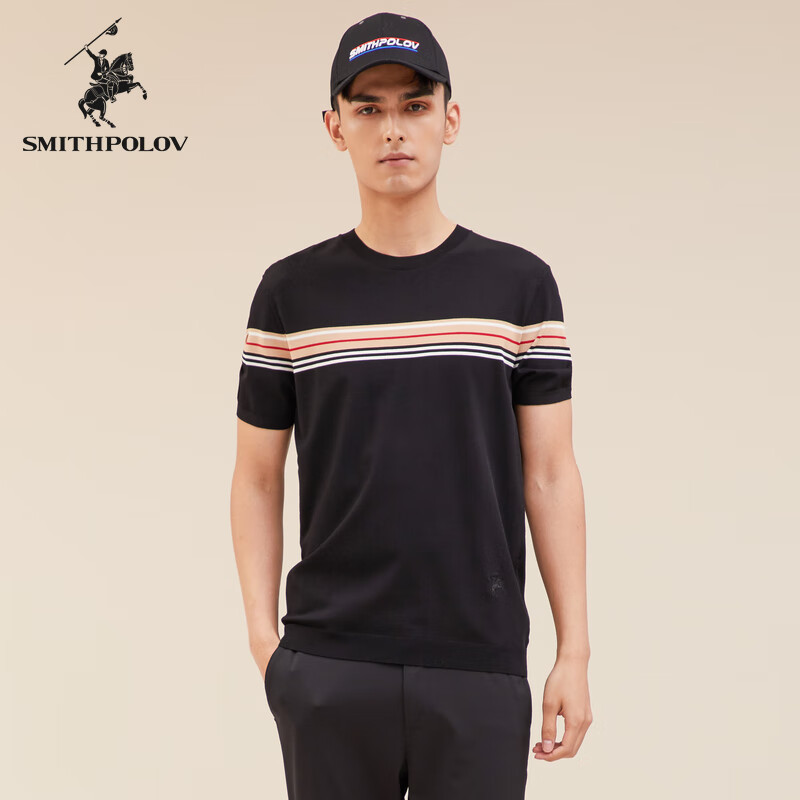 斯密特保罗（SMITHPOLOV）百搭条纹短袖针织衫男士圆领休闲商务打底衫舒适上装男 黑条 46