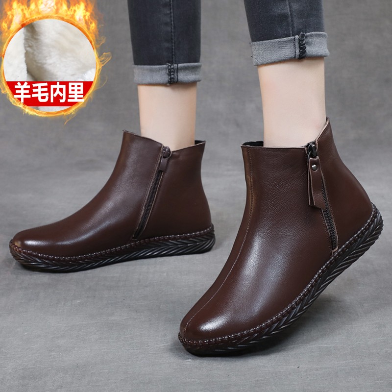 钠履仕羊毛棉鞋女眞皮妈妈鞋冬季加绒平底短靴软底中老年棉靴老人棉