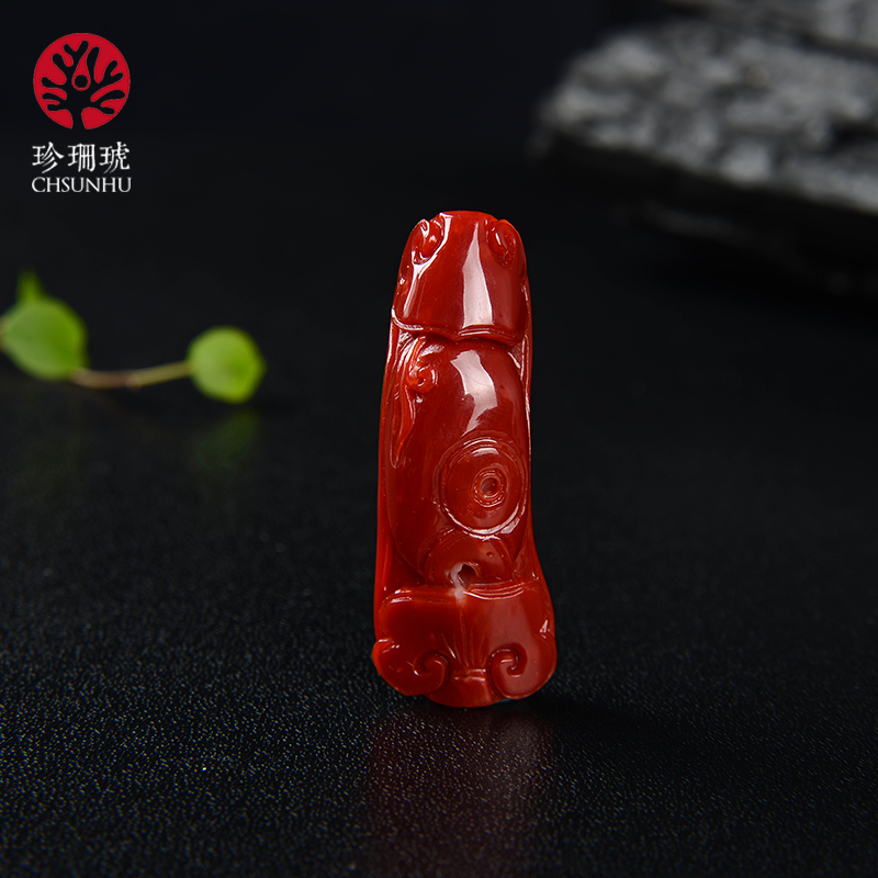珍珊琥 彩宝珊瑚挂坠 吉祥如意精雕款 佩戴典雅百搭显气质 深红色