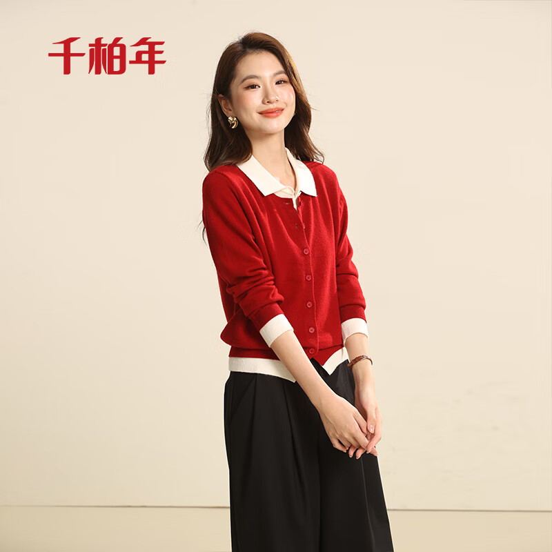 千柏年100%羊毛开衫衬衫领假两件宽松针织衫女式春季外穿秋冬柔软毛衣 石榴红 纯羊毛 M 80-115斤