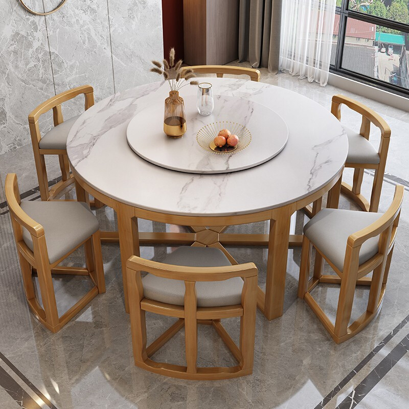 李府家缘板餐桌 岩板实木餐桌椅组合现代简约岩板圆桌带转盘隐形收缩