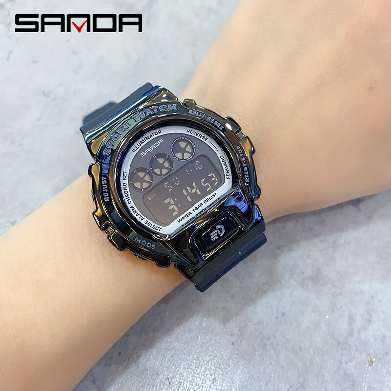 三达(sanda) 电子手表时尚抬手灯多功能学生电子单机芯原宿风防水运动