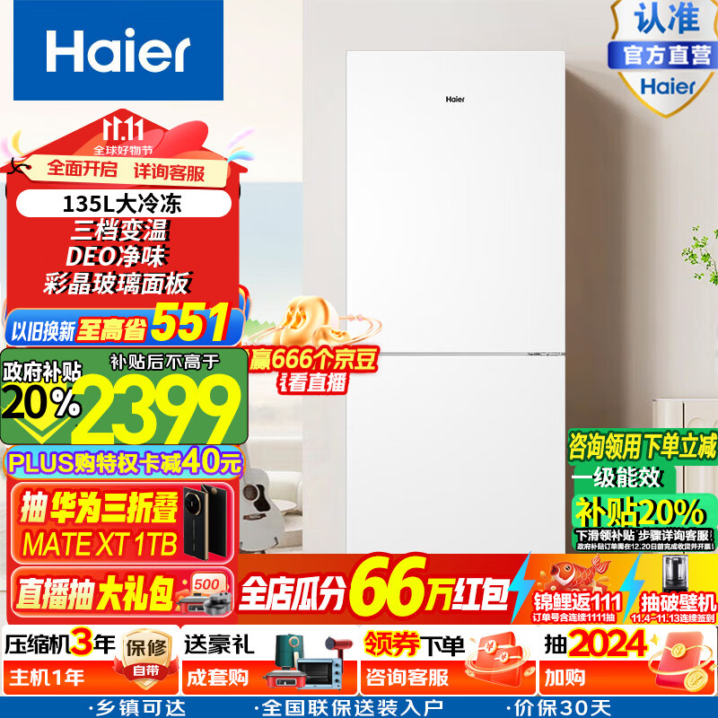 海尔（Haier）冰箱308升两门二门双开门租房用小户型家用电冰箱白色彩晶面板净味一级能效无霜宿舍办公室冰箱 BCD-308WLHC2DEW1