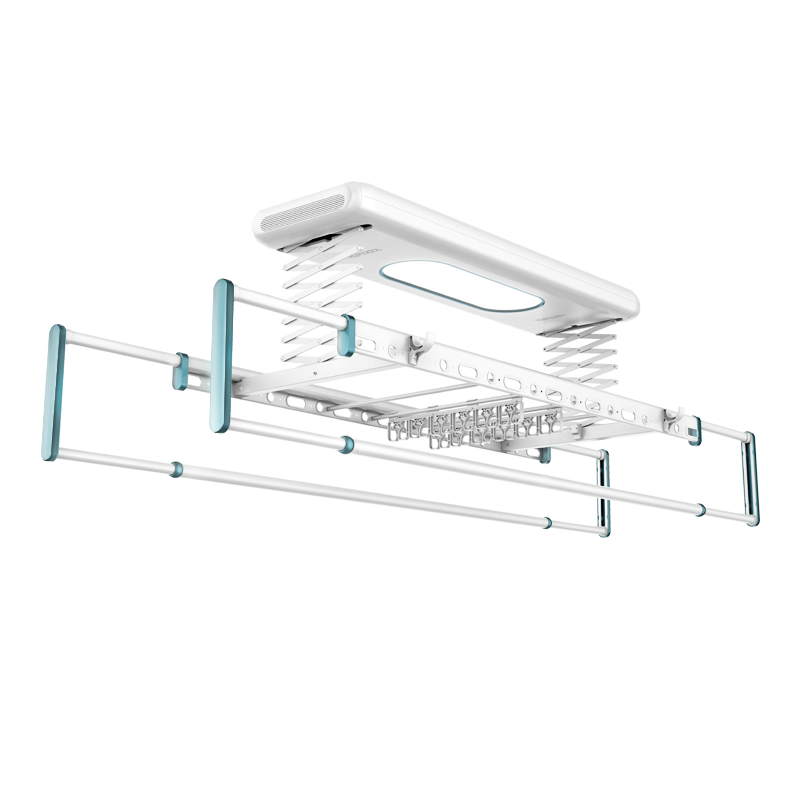 好太太电动晾衣架时尚白色简易铝合金晾衣杆无线遥控全自动升降智能晾衣机阳台室外晾晒挂衣服架电动衣架晾衣 【D-3126】冰湖蓝+语音+照明+4横杆2排夹