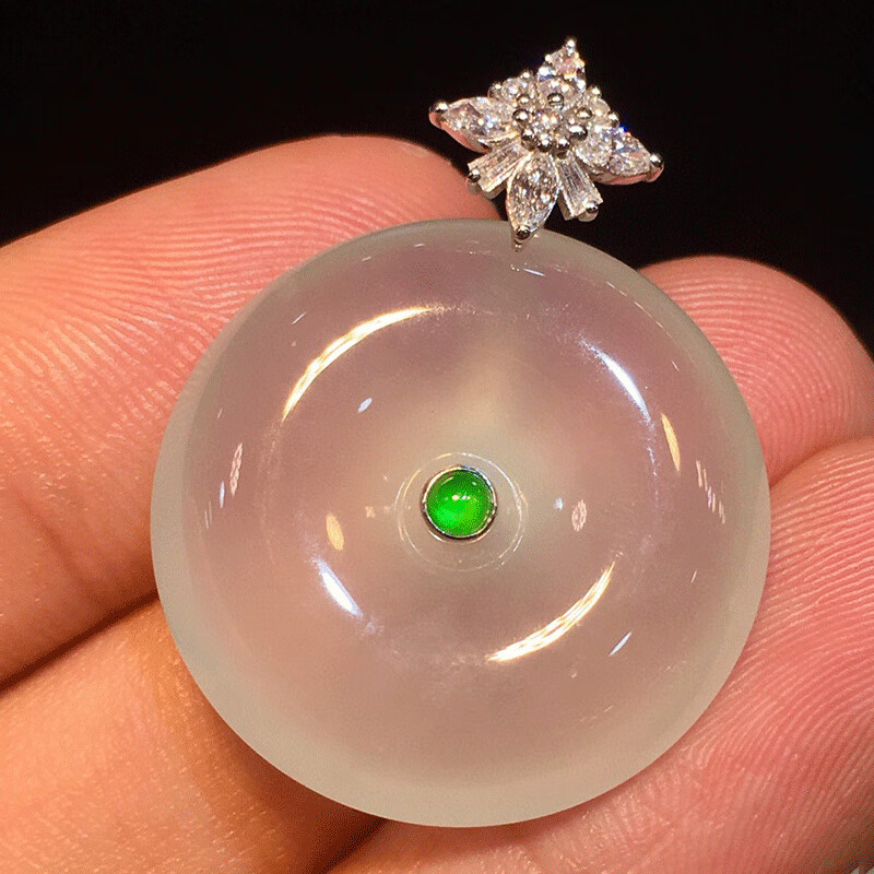 禧凤楼缅甸老坑a货翡翠冰种白底18k金镶嵌翡翠平安扣吊坠女士 白冰