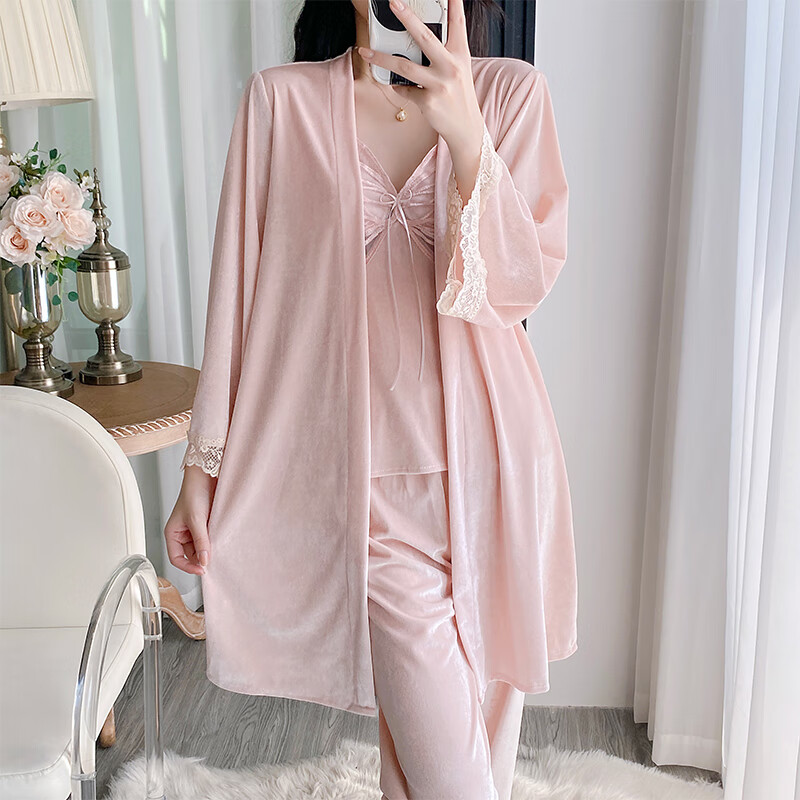 萧淑妃金丝绒睡衣女秋冬季带胸垫V领性感纯欲风吊带保暖家居服三件套装 胭脂粉 L