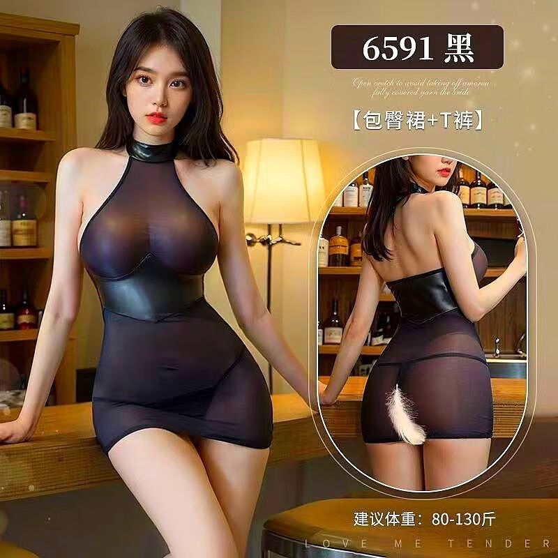 新品情趣內衣性感套裝胖大碼透明免脫緊身睡衣ol激情店主短裙透視睡裙 性感透視睡裙+T褲 S 碼 【75 -95斤】