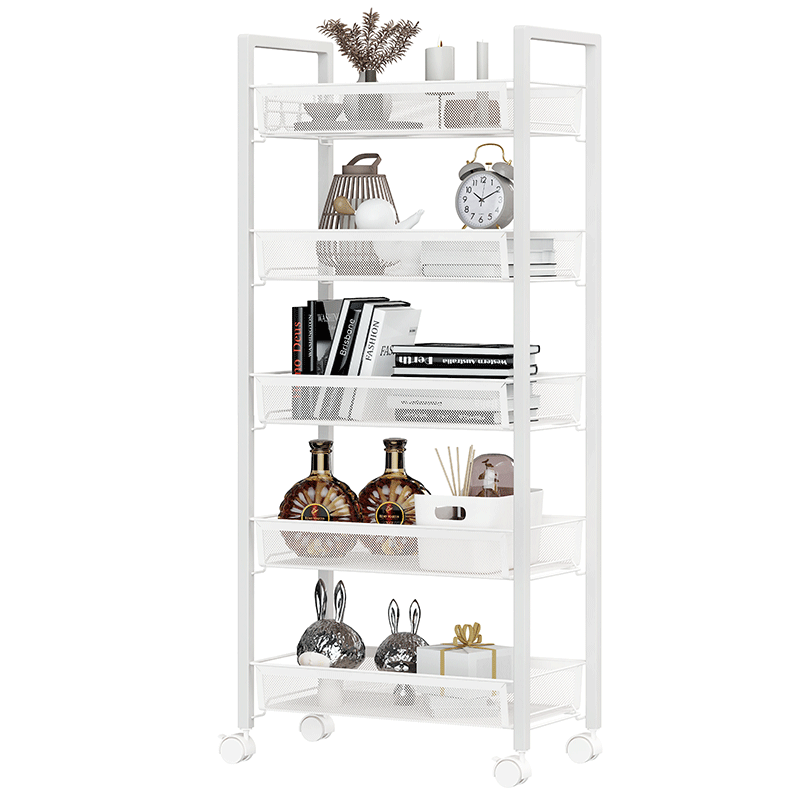 溢彩年华  厨房置物架落地零食婴儿用品小推车可移动家用蔬菜调料储物架子卫生间收纳架五层 YCI1061-WH