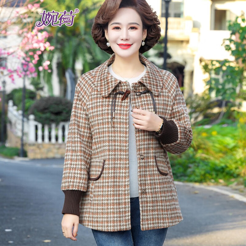 婉荷春秋妈妈格纹外套法式翻领插肩袖显瘦上衣长松紧收袖中年女外衣 桔格 3XL(建议120-130斤)怎么看?
